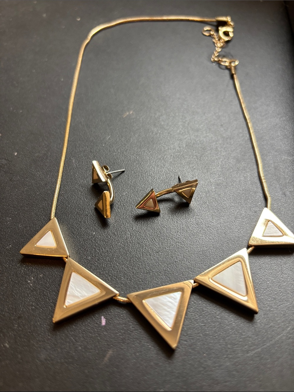 Gold Triangle Inlay Necklace and Stud Earring Set - White Inlay